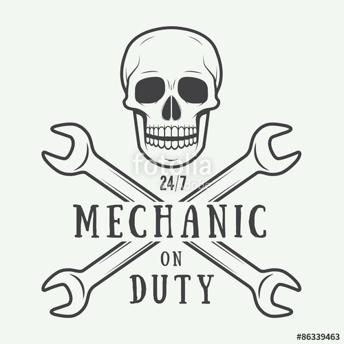 500x500 Vintage Vector Mechanic Logo Label With Skull, Wrench Stock Image
