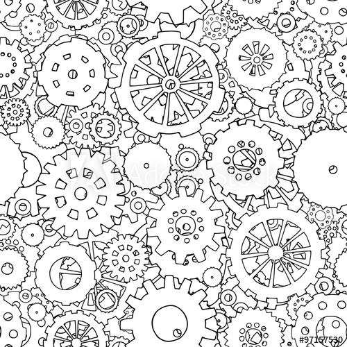 500x500 Cartoon Black And White Seamless Pattern With Doodle Gears. Can Be