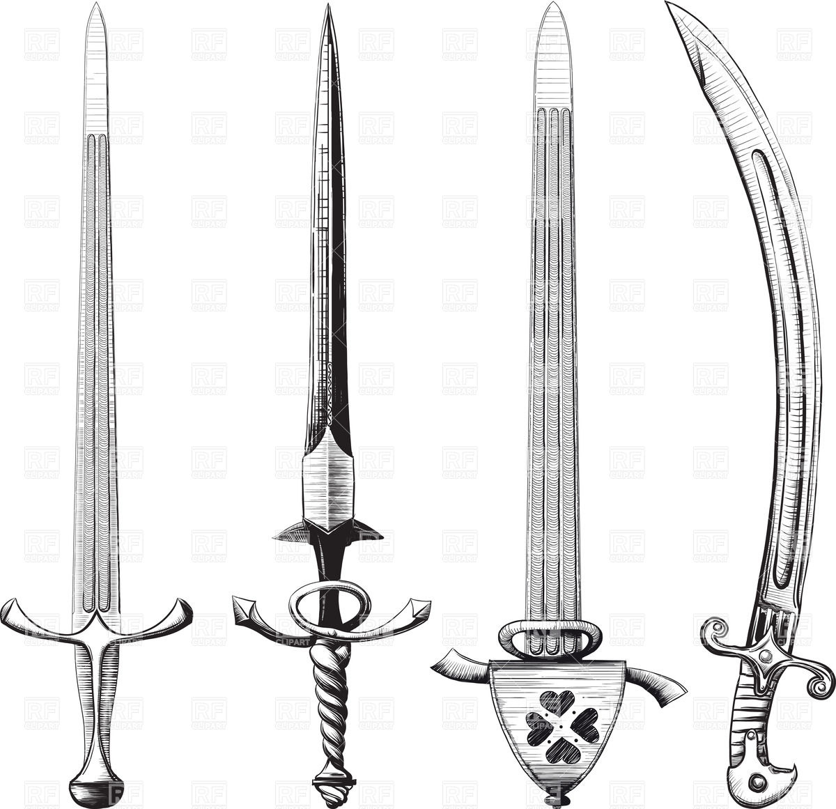 1200x1161 Ornate Medieval Swords And Sabers In Graphic Arts Style Vector