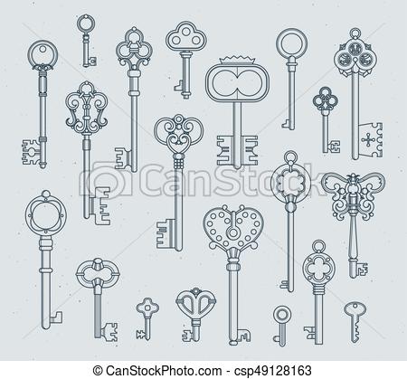 450x419 Antique Keys Set. Hand Drawn Medieval Vector Illustrations Of Old