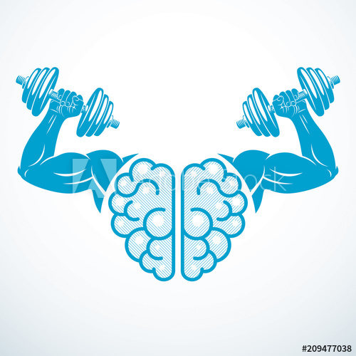 500x500 Brain With Strong Bicep Hands Of Bodybuilder. Power Brain Emblem
