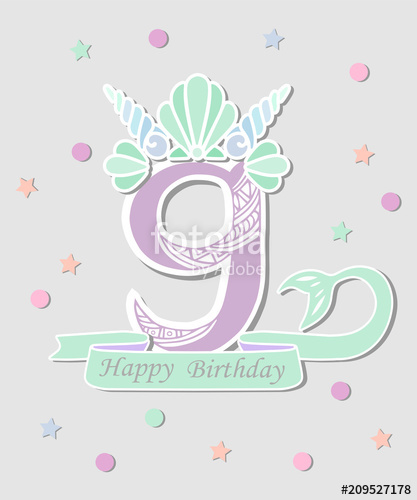 417x500 Vector Illustration Number Nine With Mermaid Tail And Shell Crown