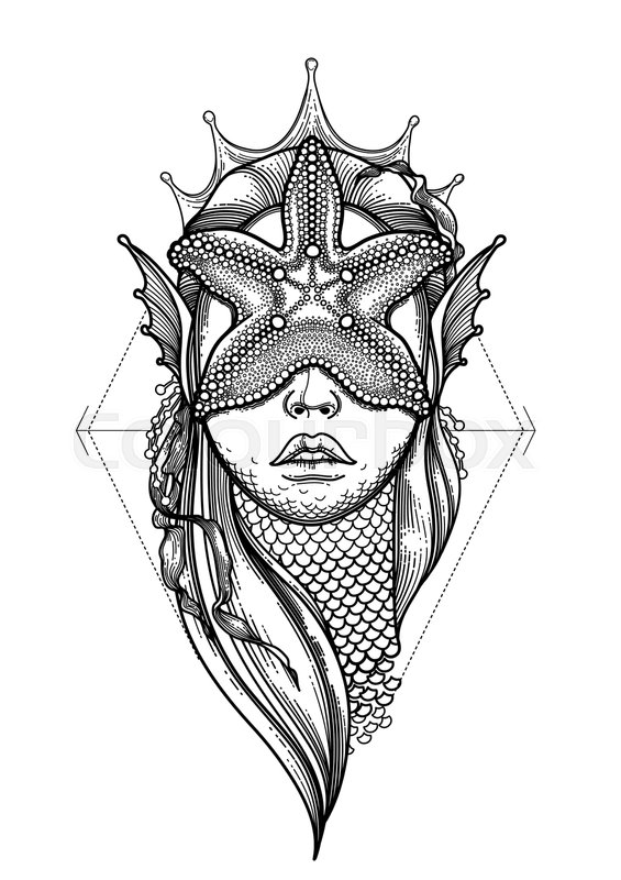 565x800 Graphic Mermaid Head With Starfish On Her Face And Seaweed