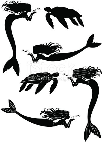 354x484 Silhouettes Of Mermaids Blowing Air Bubble Kisses With Turtles
