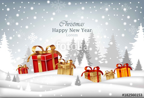 500x340 Winter Holidays Card With Gifts. Merry Christmas And Happy New