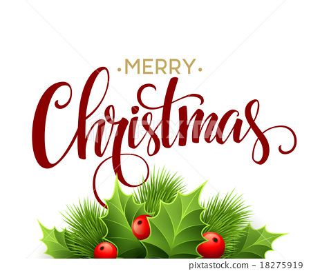 450x393 Merry Christmas Lettering Card With Holly. Vector