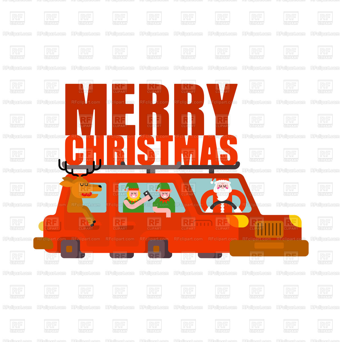 1200x1200 Santa Claus, Deer And Elf In Car. Merry Christmas. Vector Image