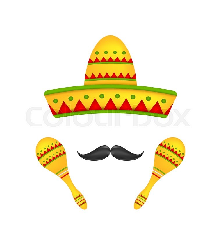 760x800 Illustration Mexican Symbols Sombrero Hat, Musical Maracas