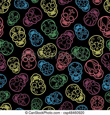 450x470 Colorful Mexican Skulls Seamless Pattern. Decorative Colorful
