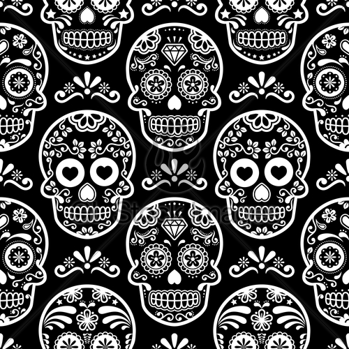 500x500 Mexican Sugar Skull Vector Seamless Pattern On Black, Hal... Gl