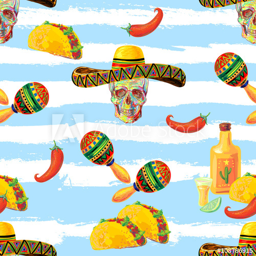 500x500 Mexican Vector Seamless Music Pattern With Skull, Sombrero Hat