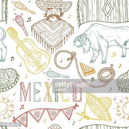 416x416 Mexico Vector Seamless Mexican Man, Ponchos, Sombrero, Guitar