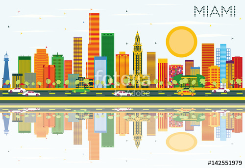 500x343 Miami Skyline With Color Buildings, Blue Sky And Reflections