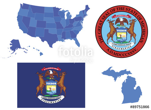 500x365 Vector Illustration Of Michigan State, Contains High Detailed Map