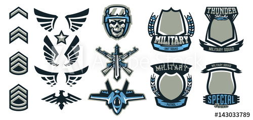 500x237 Set Of Military And Military Badges. Emblems, Automatic Weapons