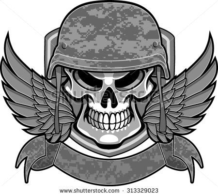 450x405 Skull With Military Helmet, Wings And Banner