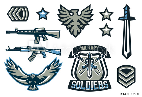 500x341 Set Of Military And Military Badges. Emblems, Automatic Weapons