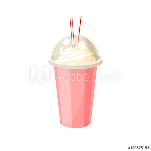 500x500 Plastic Cup With Lid And Straw, Full Of Milkshake. Vector