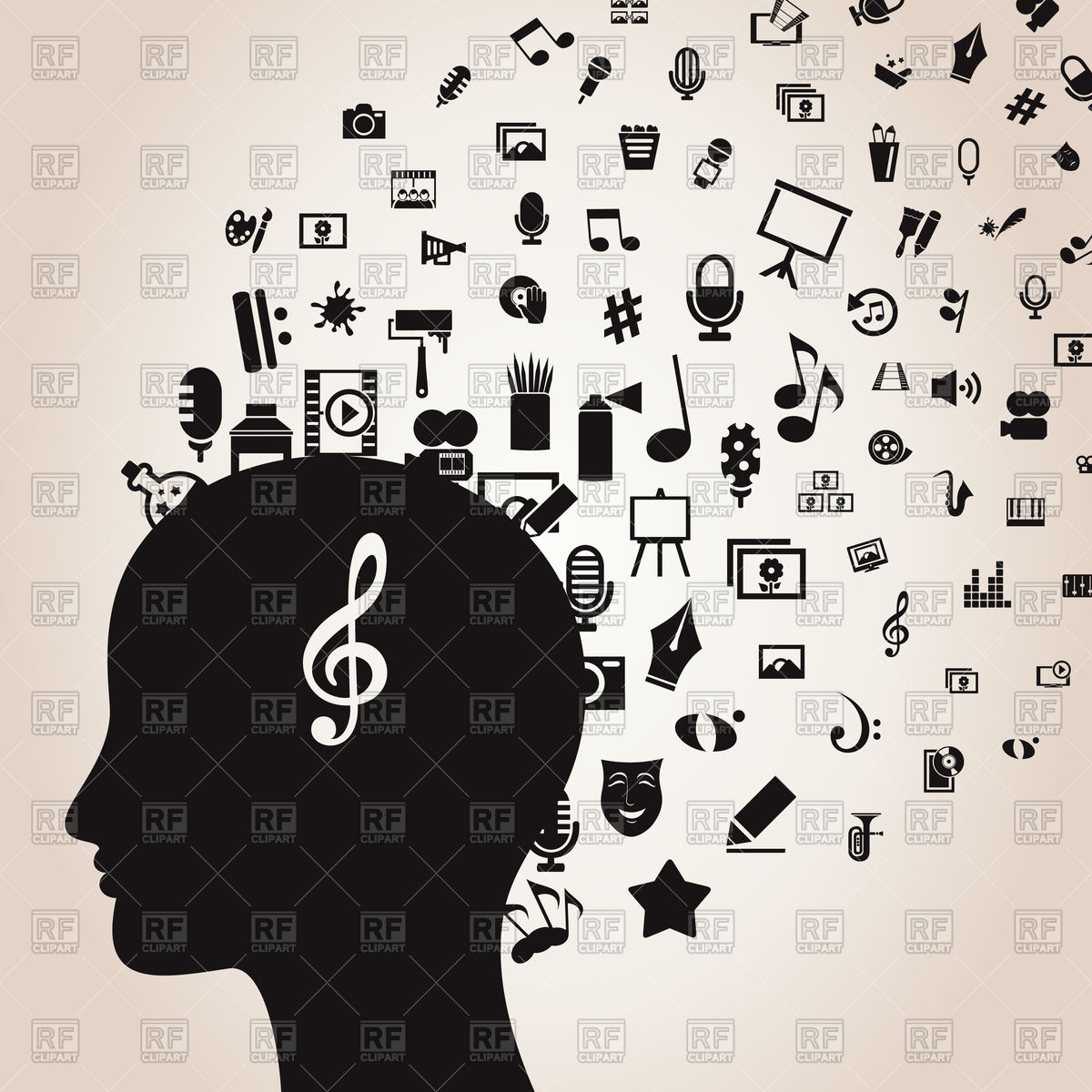1200x1200 Silhouette Of Head With Music And Arts In Mind Vector Image