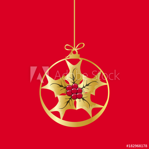 500x500 Flat Christmas Ball With Bow And Mistletoe. Vector Gold Bauble