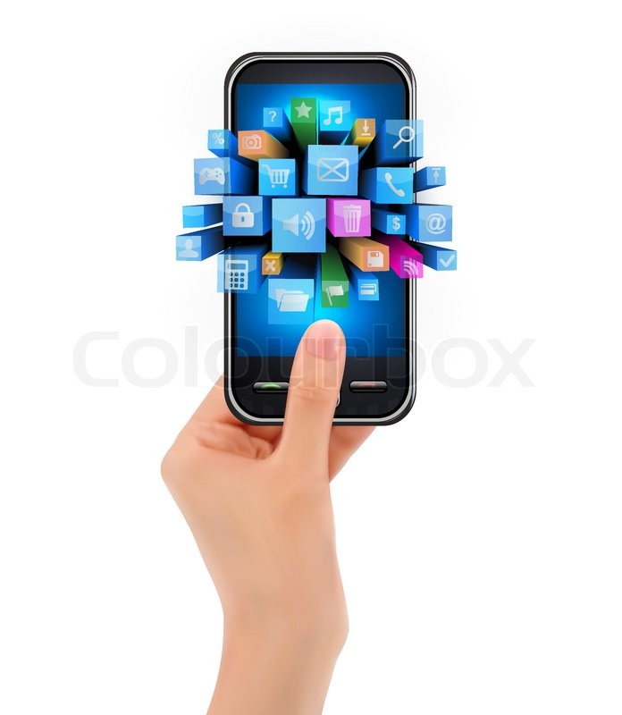 696x800 Hand Holding Mobile Phone With Icons Vector Stock Vector Colourbox