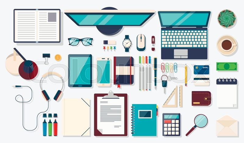 800x470 Workplace Concept. Flat Design Modern Vector Illustration. Top