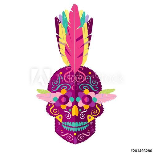 500x500 Punk Skull With Feather Mohawk, Colorful Vector Illustration