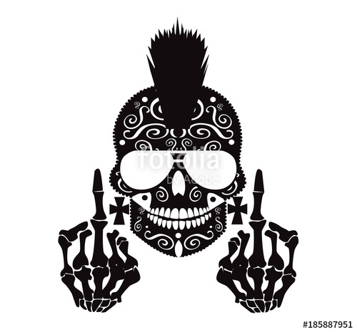 500x466 Punk Skull With Mohawk, Sunglasses And Middle Finger Black And