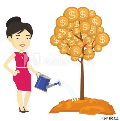 498x500 Woman Watering Money Tree Vector Illustration.