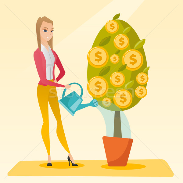 600x600 Woman Watering Money Tree Vector Illustration. Vector Illustration