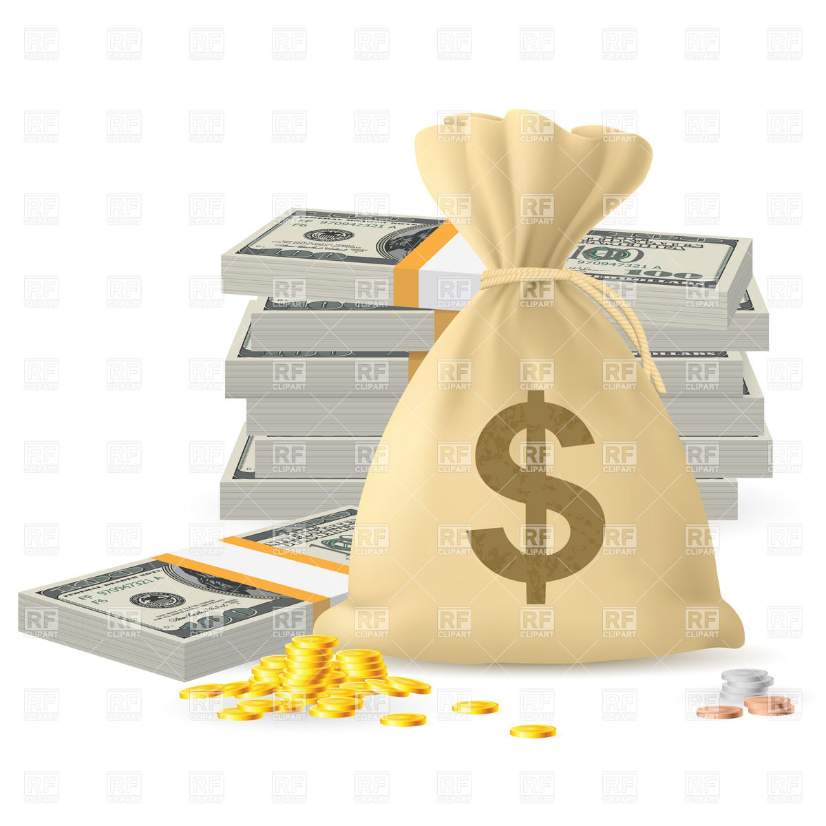 1200x1200 Sack Of Money, Coins And Dollar Banknotes Packs Vector Image