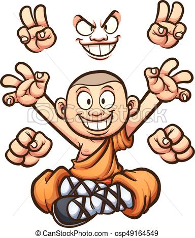 384x470 Cartoon Monk With Different Hands And Two Faces. Vector Clip Art