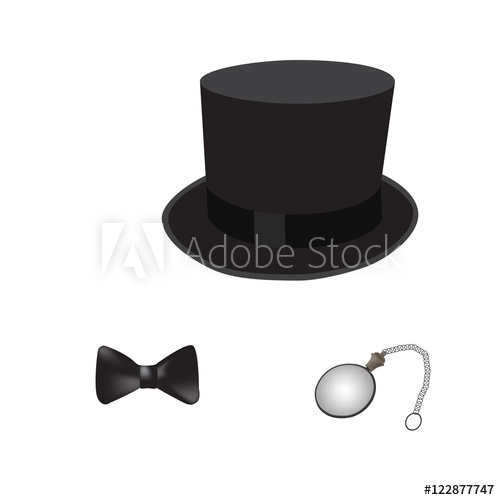 500x500 Gentelman Like A Sir Set. Cylinder Bow Tie And Monocle. Vector