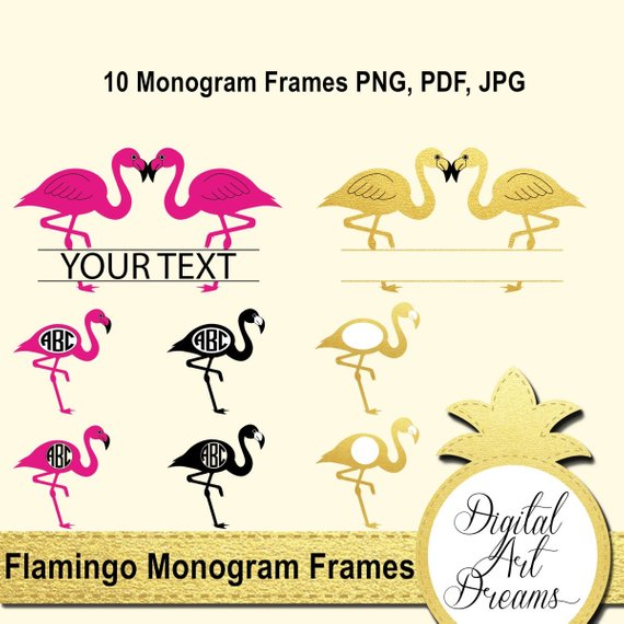 570x570 Flamingo Monogram Frame Vector Gold Pink Monogram Frames Png Etsy