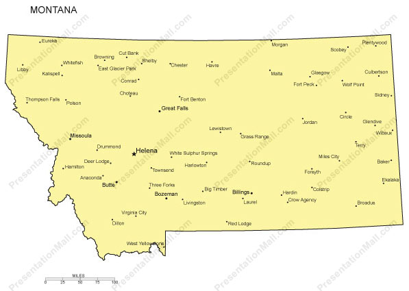 597x425 Montana Outline Map With Capitals Amp Major Cities Digital Vector