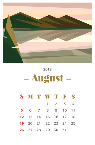 322x490 August 2018 Landscape Monthly Calendar