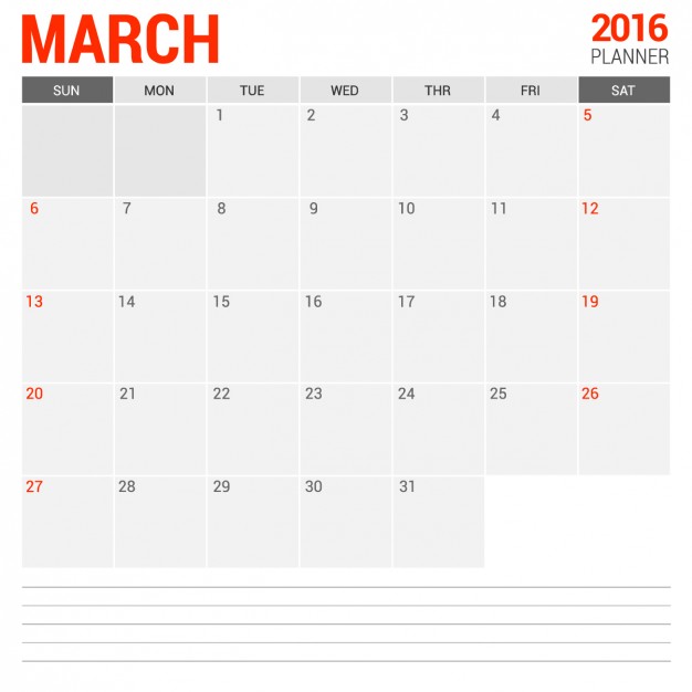 626x626 March Monthly Calendar 2016 Vector Free Download