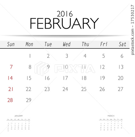 446x450 2016 Calendar, Monthly Calendar Template For February. Vector Il