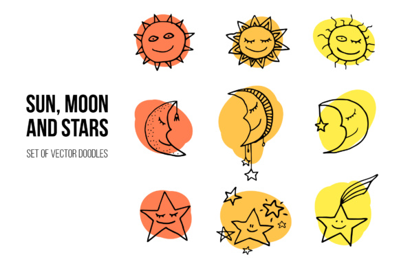 580x387 Sun, Moon And Stars Vector Doodles Graphic By Hellokisdottir