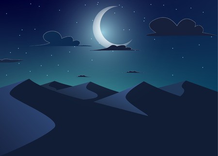 450x321 Desert Landscape. Dunes With Crescent Moon .vector Cartoon