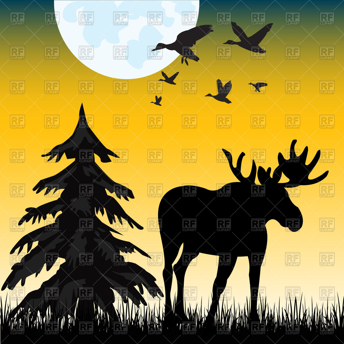 1200x1200 Silhouette Of Moose On Glade In Night Vector Image Vector
