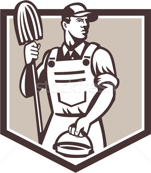 524x600 Janitor Cleaner Holding Mop Bucket Shield Retro Vector