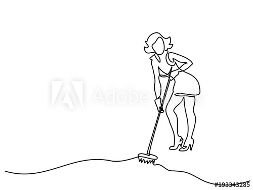 500x375 Continuous Line Drawing. Young Woman Washes Floor With Mop. Vector