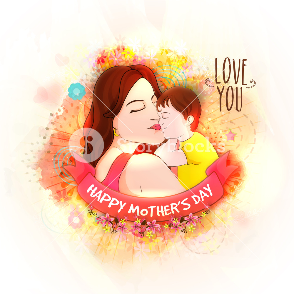 1000x1000 Illustration Of Young Mother With Her Son On Flowers Decorated