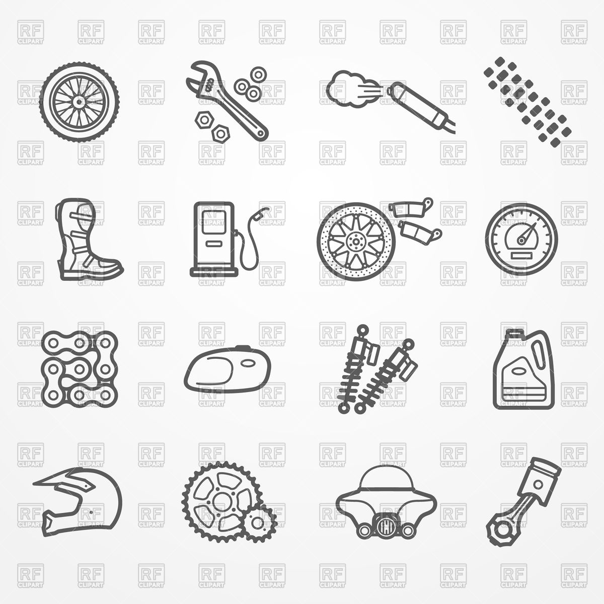 1200x1200 Set Of Motorcycle Parts Icons Wheel, Piston, Helmet Vector Image