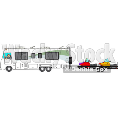 400x400 Clipart Of A Cartoon White Man Driving A Motorhome And Towing