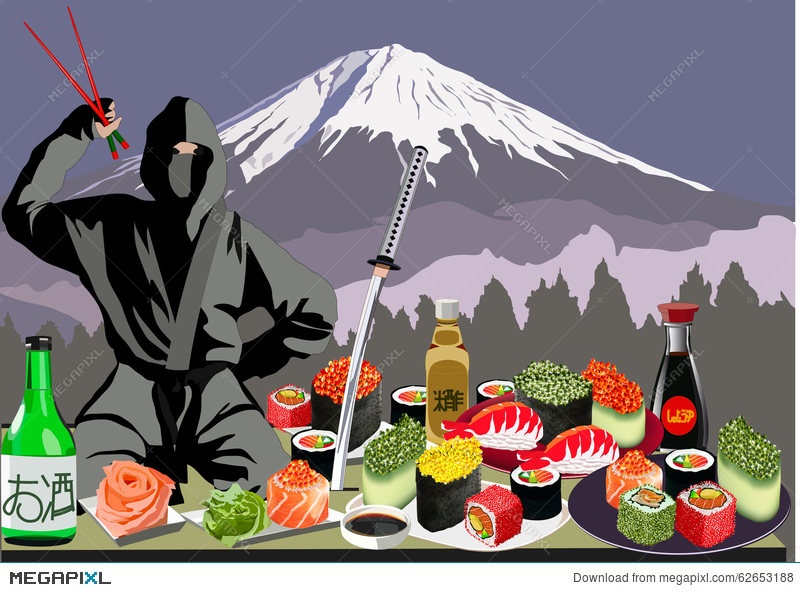 800x592 Ninja, Sushi And Mount Fuji, Vector Illustration Illustration
