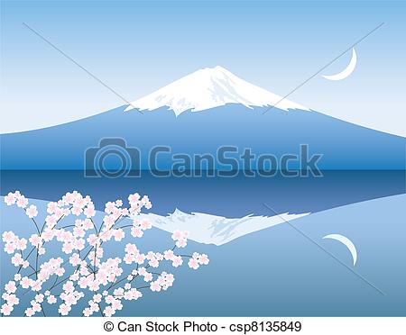 450x372 Vector Mount Fuji, Moon And Branches Of Sakura.