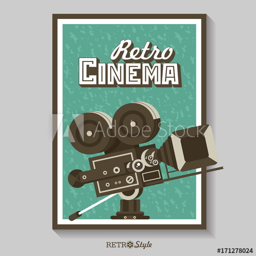 500x500 Vintage Film Camera. Vector Poster Retro Movie Theater. Vector
