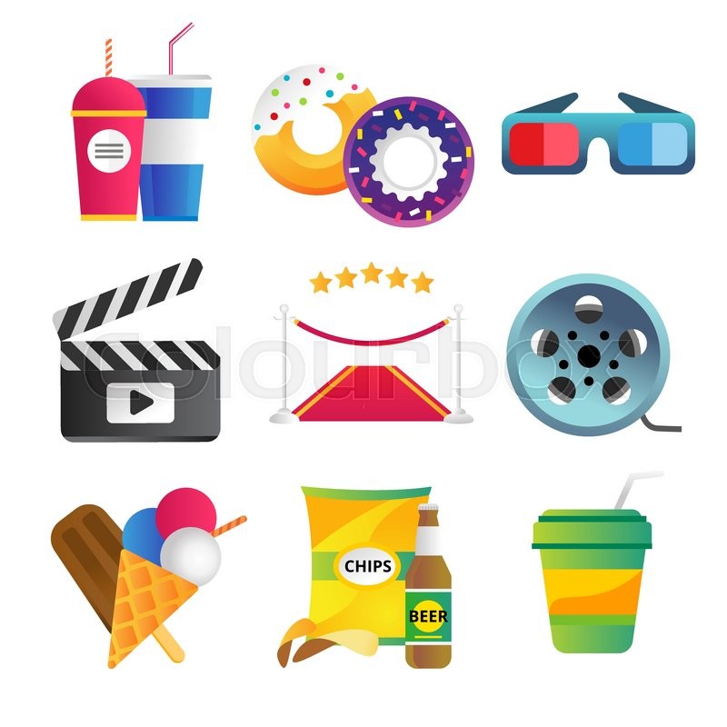 800x800 Movie Vector Icons Set. Movie Icons Isolated, Movie Food And
